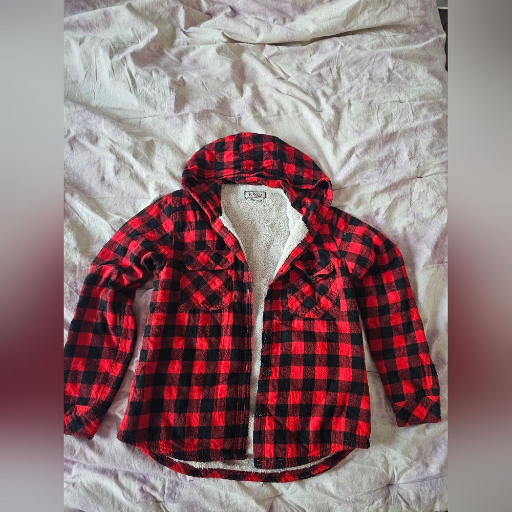 BOSTON TRADERS Flannel plush interior warm jacket coat sweater button up w/ hood